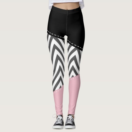 Leggings Gris Zigzag, Gris Chevron, Motif Zigzag, Rose (Devant)