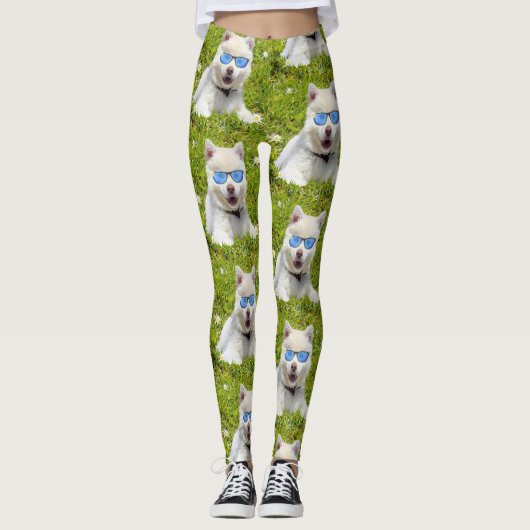 Leggings Gros Chiot Blanc Avec Lunettes De Soleil Bleues, (Devant)