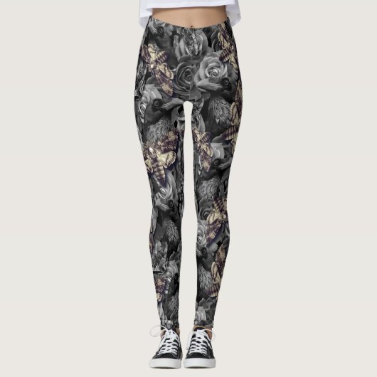 Leggings Gros Gris Mort Tête Faucon Moths Gothique Corbeau (Devant)