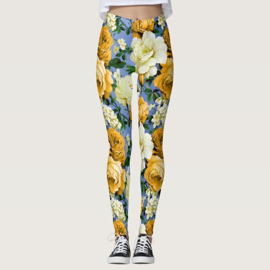 Leggings Grosse Fleur de rose jaune rétro (Devant)