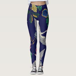 Leggings Grues brodées et fleurs, vintage transparent p