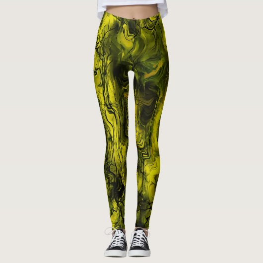 Leggings Grungy d'énergie nerveuse Abstrait noir et jaune (Devant)