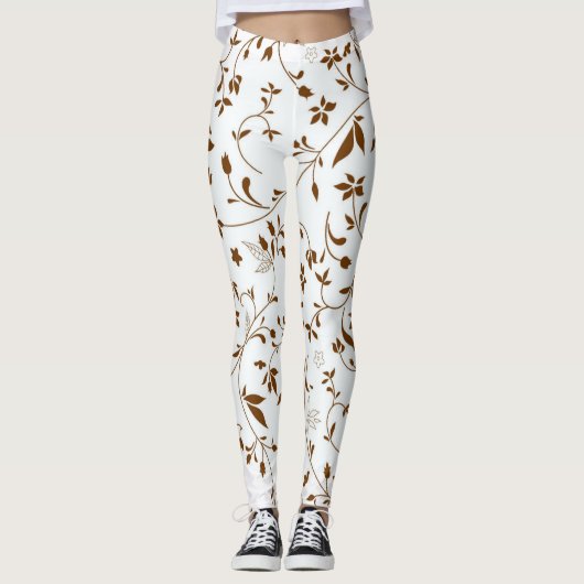 Leggings Guêtres blanches et Brown de motif de fleurs (Devant)