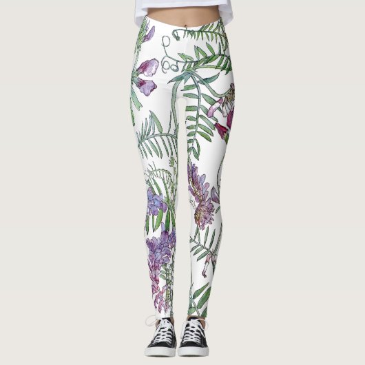 Leggings Guêtres botaniques d'impression de fleurs de vesce (Devant)