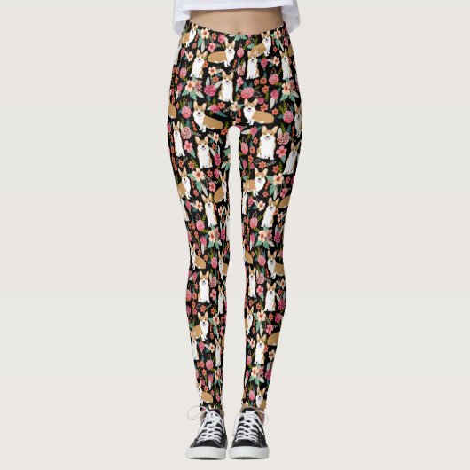Leggings Guêtres florales de corgi - noir (Devant)