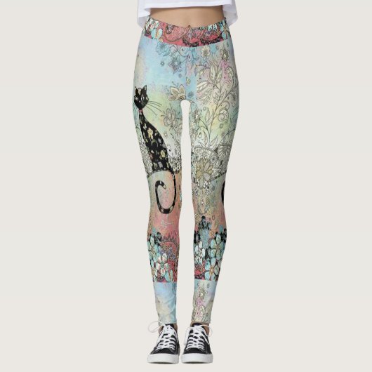 Leggings Guêtres florales de silhouette de chat de Paisley (Devant)