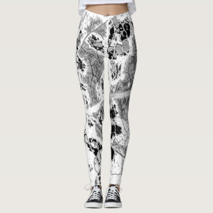 Leggings Guêtres noires et blanches d'impression de feuill