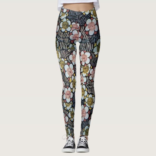 LEGGINGS HAIKU/ FLEURS DE PRINTEMPS JAUNE ROSE BLANC NOIR (Devant)