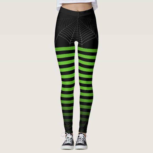 Leggings Halloween Black green spider web stripes ombre (Devant)