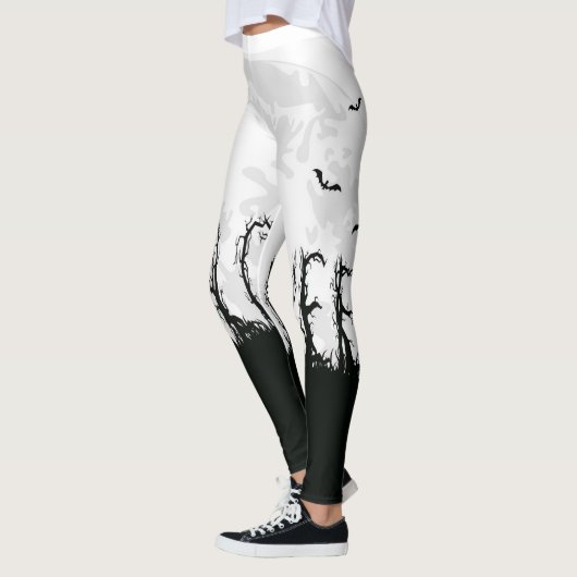 Leggings Halloween Éffrayant moderne noir blanc lune chauve (Gauche)