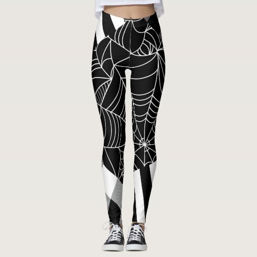 Leggings Halloween noir et blanc Spiderweb Patchwork (Devant)