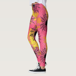 Leggings Happy Halloween rose & Jaune Funny toile d'araigné