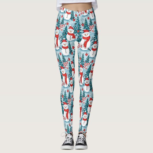 Leggings Happy mignonne Festive Snowmen en bleu et rouge (Devant)