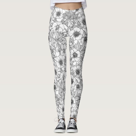 Leggings Hellebores en noir et blanc (Devant)