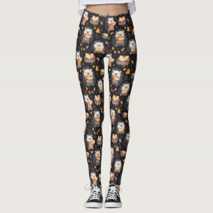Leggings Hérisson mignon avec pain et feuilles d'automne