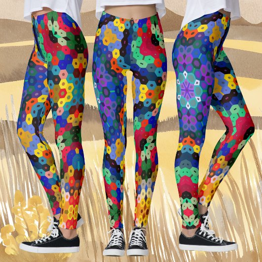 Leggings Hex Mandala bleu jaune rouge et vert