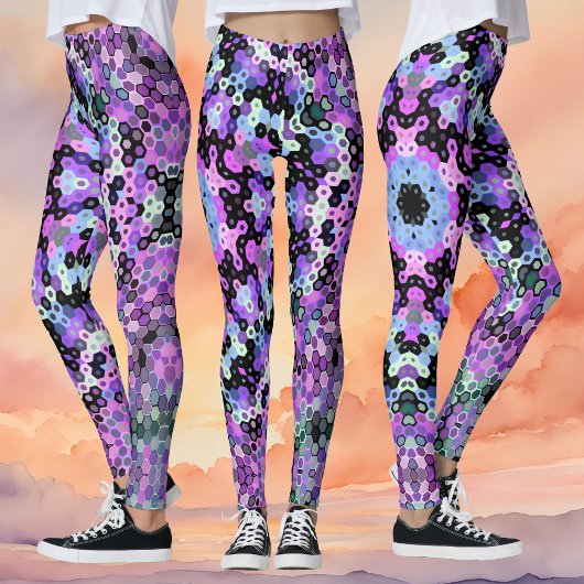 Leggings Hex Mandala violet rose et bleu