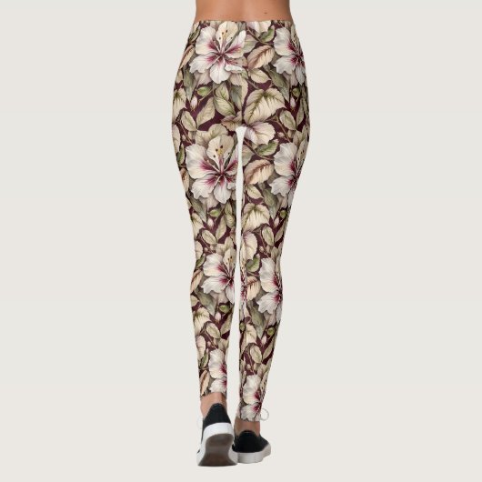 Leggings Hibiscus blanc sur Maroon (Dos)