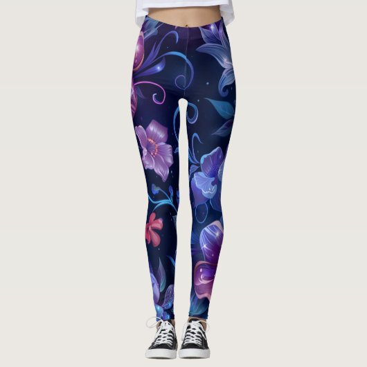 Leggings Hibiscus bleu de la Marine (Devant)