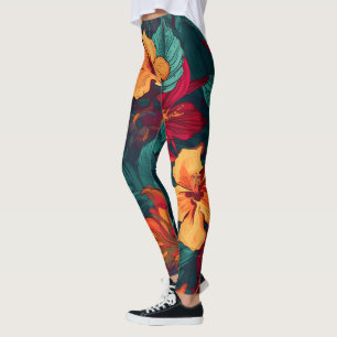 Leggings Hibiscus coloré, Jaune Orange Vert Floral