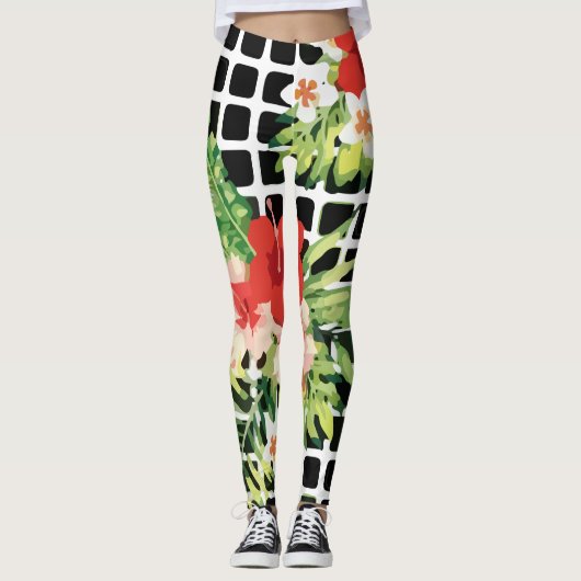Leggings Hibiscus Palm Leaves Tropical Pattern (Devant)