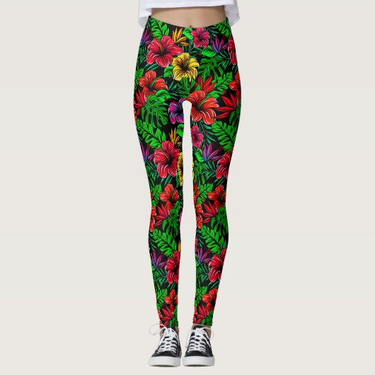 Leggings Hibiscus rose jaune tropical (Devant)
