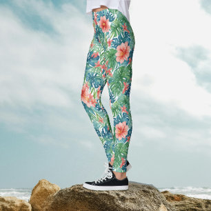 Leggings Hibiscus Rouge Tropical Exotique Hawaïen Aquarelle