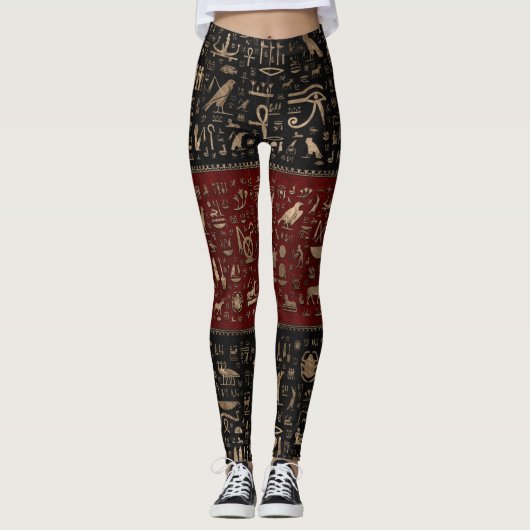 Leggings Hiéroglyphes égyptiens antiques - cuir rouge noir (Devant)