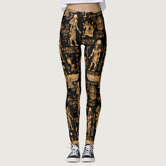 Leggings Hiéroglyphes et dieux égyptiens or et noir (Devant)