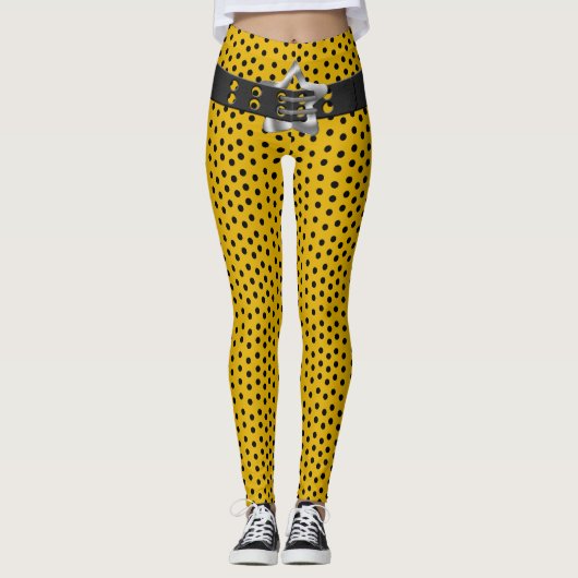Leggings Hip Black Belt Star - Pois noirs sur Jaune (Devant)