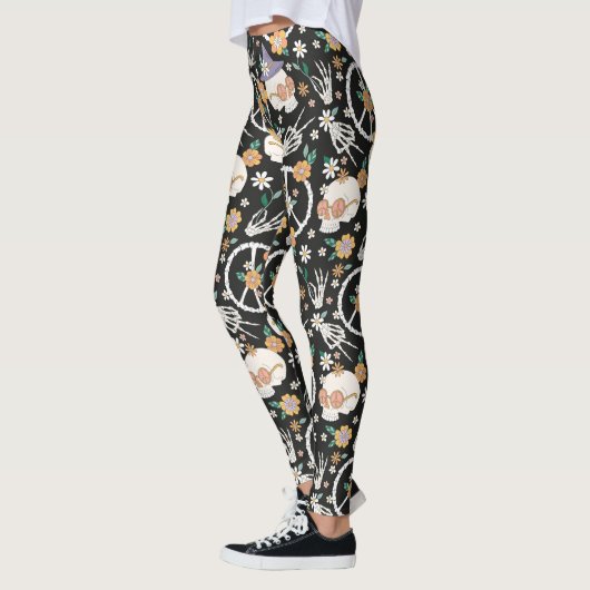 Leggings Hippie Halloween Skulls et Fleurs Motif (Gauche)