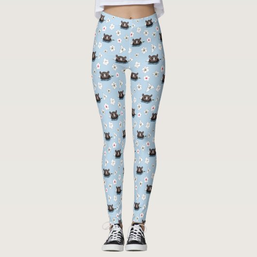 Leggings Hippopotamus White Lotus Blue (Devant)