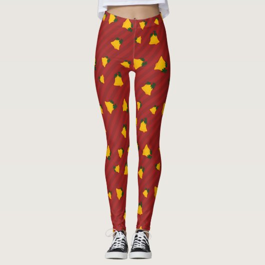 Leggings Holiday Red Gold Stripe Bells Christmas (Devant)