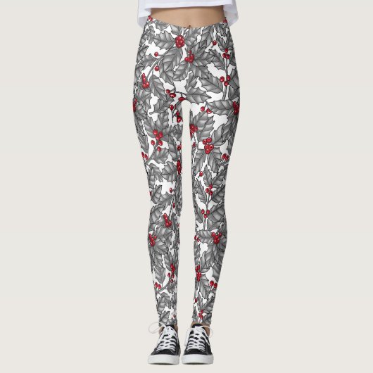 Leggings Holly berry, feuilles gris sur blanc (Devant)