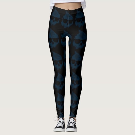 Leggings Hommes Femmes Halloween bleu noir crâne (Devant)