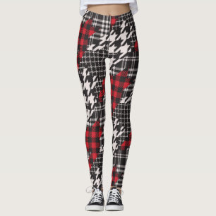 Leggings Houndstooth Plaid Motif Patchwork Collage