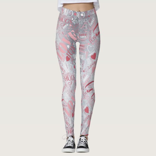Leggings Hugs and Kisses Word Cloud Pink/Silver ID286 (Devant)
