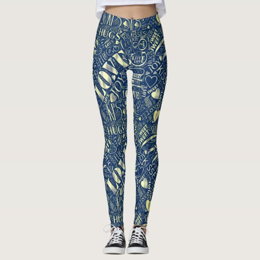 Leggings Hugs and Kisses Word Cloud Retro Blue ID286 (Devant)