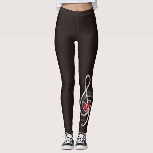 Leggings I HEART Music Treble Clef Noir Rouge Blanc (Devant)