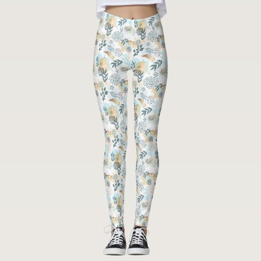 Leggings Ice bleu or blanc feuillage motif (Devant)