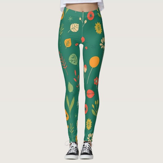 Leggings Icônes florales Whimsical sur vert (Devant)