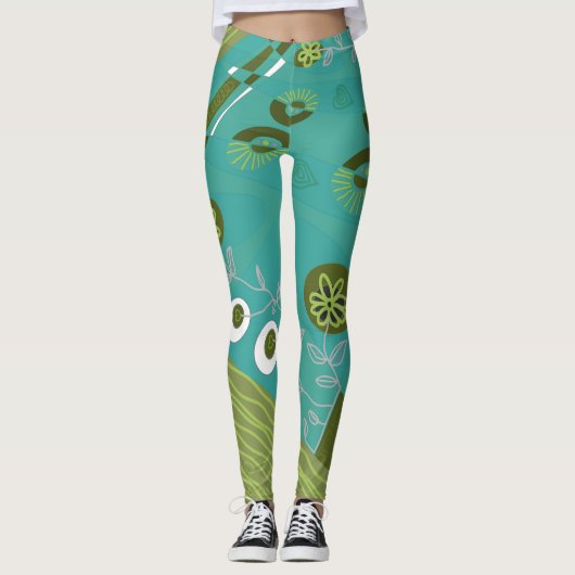 Leggings Illustration Bohème Chintz Aqua Green Grey (Devant)