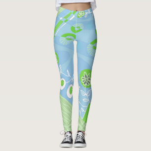 Leggings Illustration Bohème Chintz Bleu Vert Doux Blanc