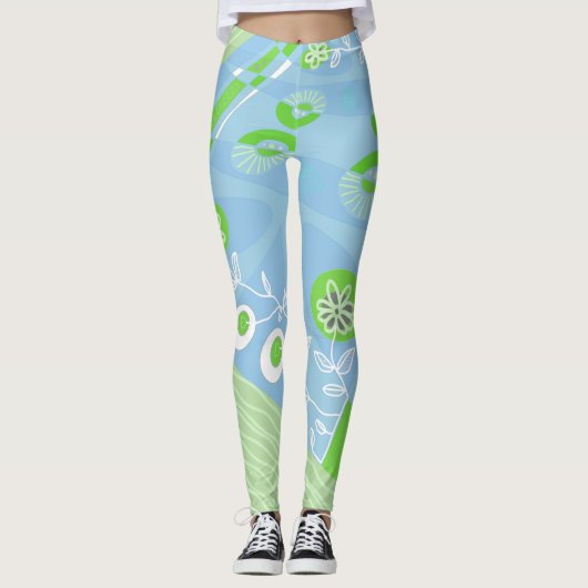 Leggings Illustration Bohème Chintz Bleu Vert Doux Blanc (Devant)