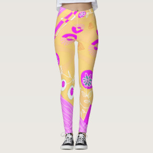 Leggings Illustration Bohème Chintz Peach Fuchsia Blanc
