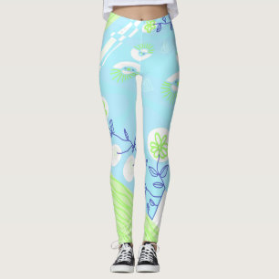 Leggings Illustration Bohème Chintz Sky Blue Green