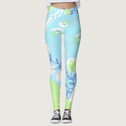 Leggings Illustration Bohème Chintz Sky Blue Green (Devant)