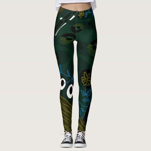 Leggings Illustration Bohème Chintz Vert Olive Bleu (Devant)