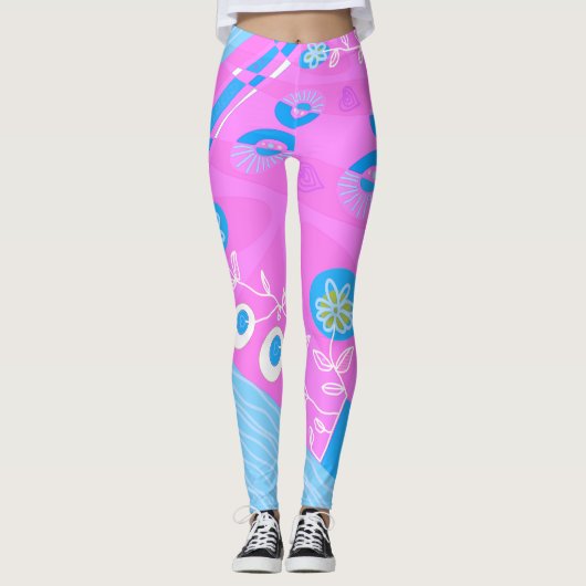 Leggings Illustration de Bohemian Chintz Fuchsia Bleu Blanc (Devant)