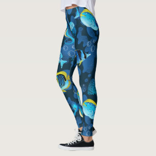 Leggings Illustration du poisson jaune bleu tropical
